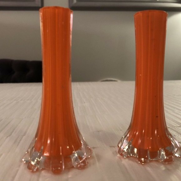 SOLD Pair Vintage Orange Glass Mini Fluted Vases - Picture 2 of 8
